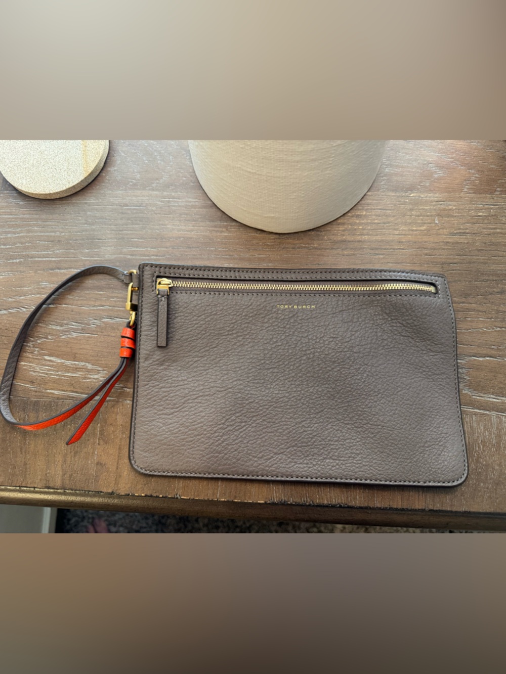 Tory Burch Taupe Pebbled Leather Wristlet with Orange -Trim Strap